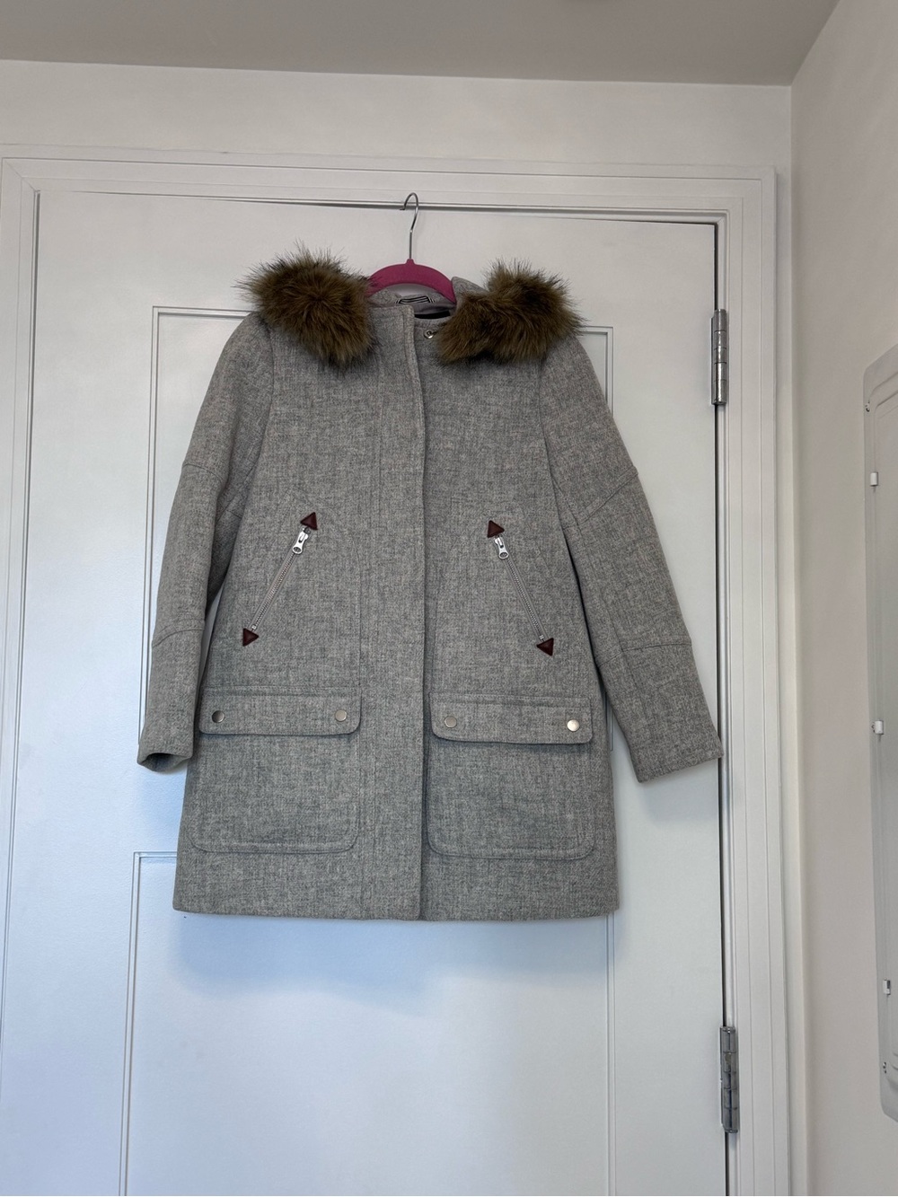 Women’s JCREW Gray Wool-Blend Coat with Faux Fur Trim